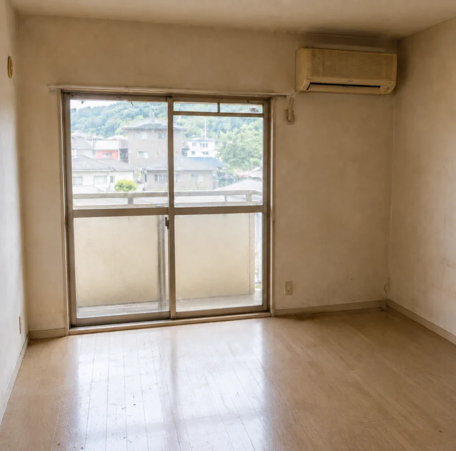 空室クリーニング前、床や窓に汚れが見られる部屋（Before）